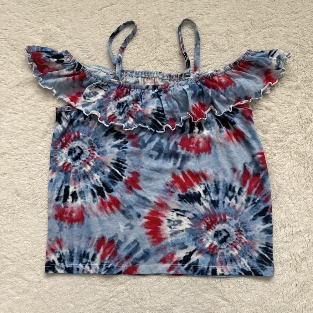 The Childrens Place Tie Dye Knit Ruffle Cold Shoulder Casual Top‎ Size XL 14